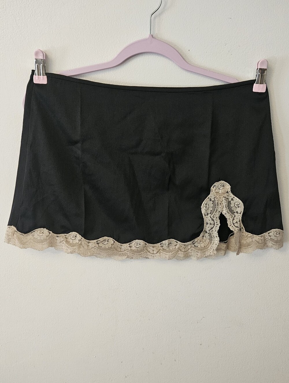 NWOT Light Before Dark Shiny Black Mini Skirt With Cream Lace Trim